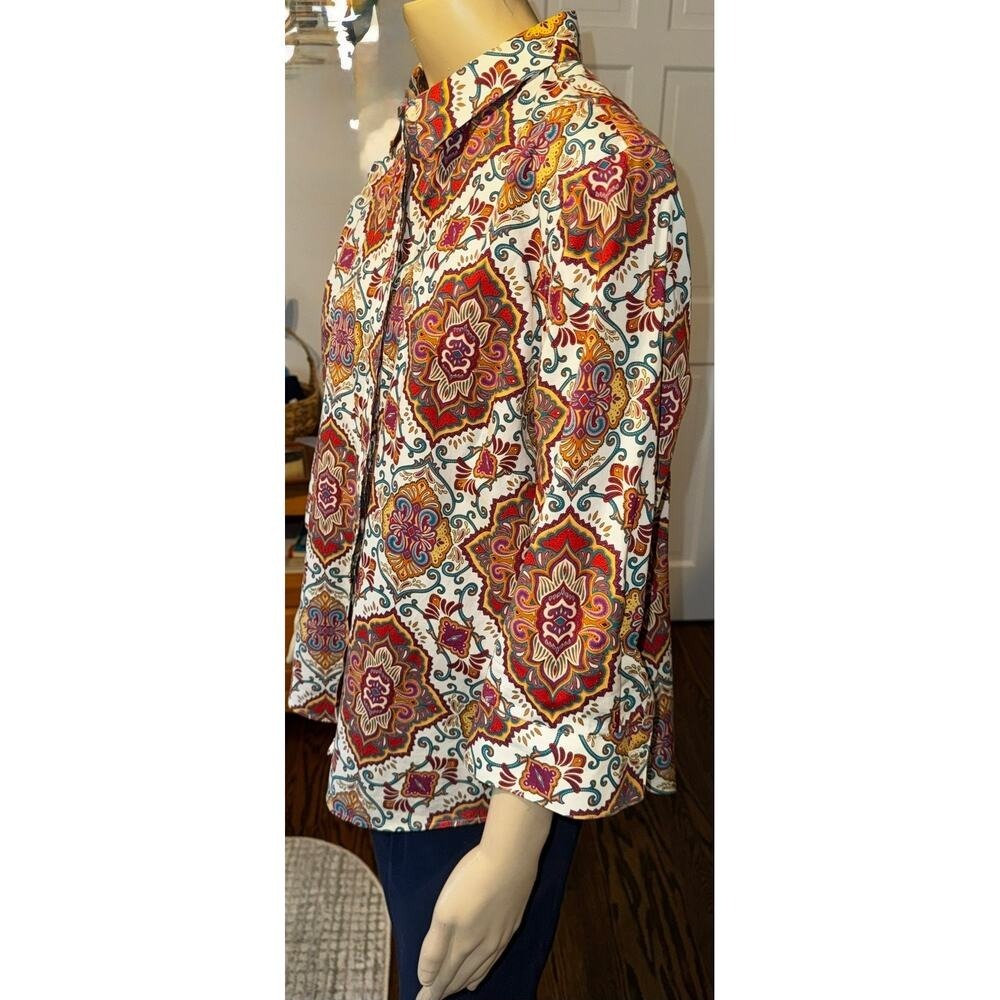 Chicos Medallion Paisley‎ Button Down Shirt 3/4 Sleeve Multi Color Size 3 XL